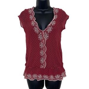 Vintage Apt 9 Burgundy Swiss Dot Sheer Blouse‎ Lace Trim M Y2K Fairy Grunge